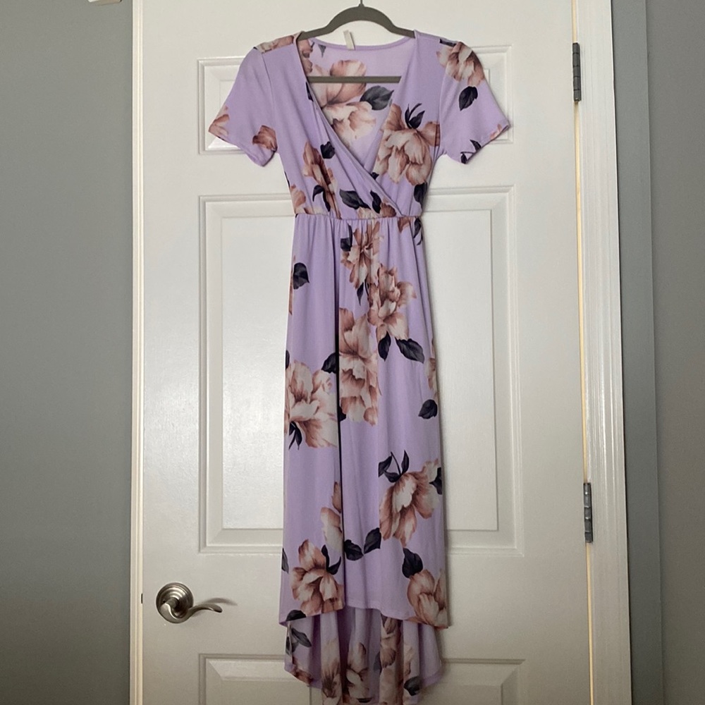 Purple Floral High Low with Tie and defining waist